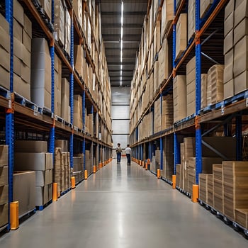 Workers navigate a vast warehouse filled with inventory. photo