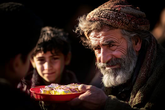 Muslim father and son share smiles as they give school supplies underprivileged children in refugee camp. moment captures appreciation and joy during Eid al Fitr photo