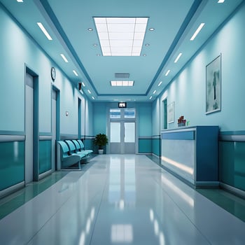 Clean and modern hospital hallway with waiting area. photo
