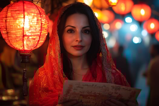mother beams emotion as she reads touching Eid card from her child surrounded colorful lanterns and festive decorations. Family traditions shine through in joyous celebration photo