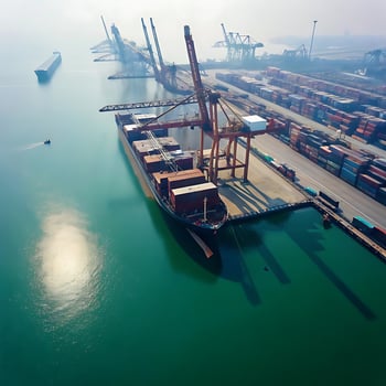 An aerial view of a large container ship in the water photo