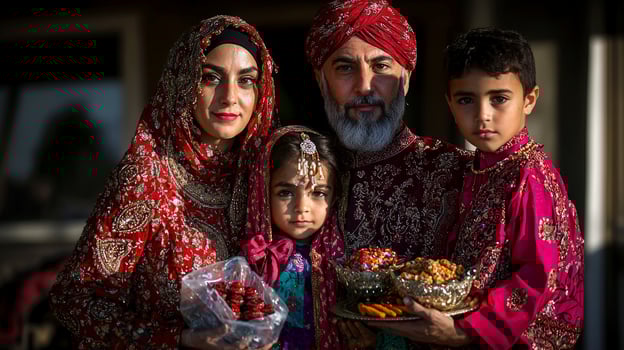Muslim family stands together outside their home dressed in vibrant traditional attire while holding trays of sweets and gift bags in preparation for their Eid celebration photo