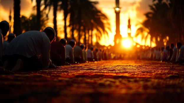 Men are gathered in outdoor prayer area bowing in prayer as golden sunset casts warm glow around them. sound of Adhan fills air enhancing spiritual atmosphere photo
