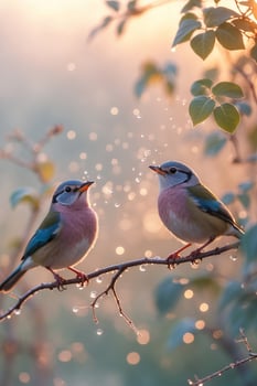 Colorful birds perched on a branch glisten in the morning light surrounded by soft bokeh and dew drops photo