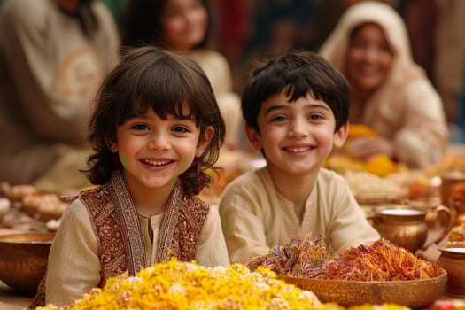 Two children joyfully play their new toys received for Eid while their parents sit in background enjoying tea and celebrating special holiday family traditions and festive treats photo