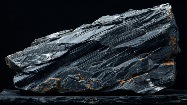 A dark schist rock displays its shiny, layered structure, showcasing unique textures and mineral formations that highlight its geological characteristics. photo