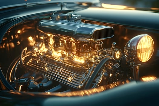 Powerful chrome engine shining under the hood of a vintage car photo