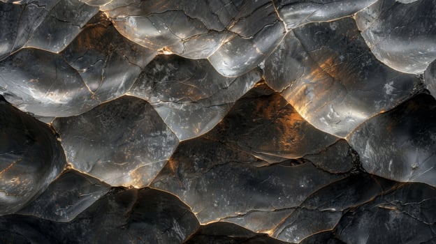 A close up of a dark rock surface reveals unique textures and patterns that are enhanced by natural light, emphasizing the mineral formations and geological details present in the material. photo