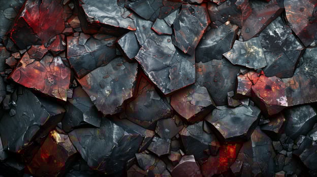 A close up view of jagged volcanic rock pieces displaying shades of red and black, illustrating the beauty and complexity of volcanic activity in a natural setting. photo