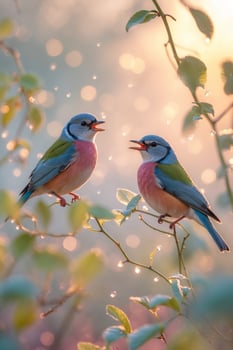 Colorful birds singing together at dawn among dew-kissed leaves in a serene natural setting photo