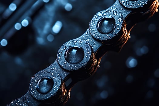 Dark metallic chain with water droplets reflecting light photo