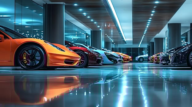 Many modern sports cars parked in a showroom reflecting on the floor photo