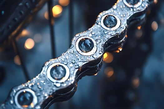 Wet bicycle chain reflecting city lights at night photo