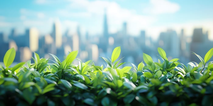 Bright green leaves in the foreground with a city skyline and clear blue sky in the background during daylight photo