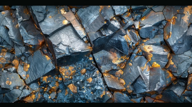 The striking contrast of deep blues and bright golds reveals a unique arrangement of mineral formations bathed in bright daylight. photo