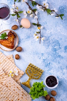 Traditional Passover Seder plate with symbolic foods. Symbolic of Jewish holiday Pesah. photo