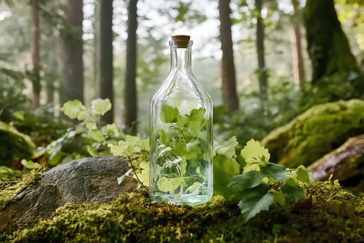 A refreshing bottle of water surrounded by green leaves on vibrant moss in a peaceful forest setting photo
