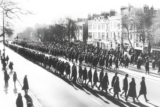 A busy street scene with a large group of people crossing at a pedestrian crossing, showcasing the hustle and bustle of city life photo