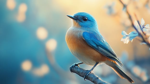 Vibrant bird perched peacefully amidst soft blossom branches. A serene symbol of springtime nature's beauty and delicate charm. photo