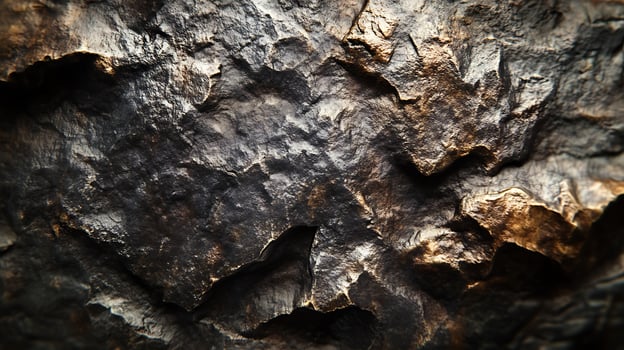 Dramatic rock face with deep shadows, revealing a complex texture and geological formation. Metallic sheens and a hint of light. photo