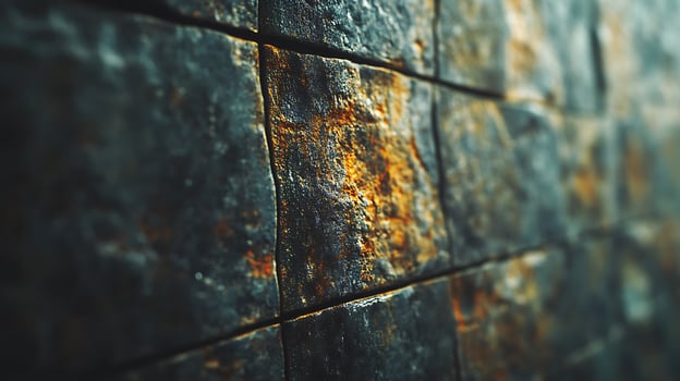 Textured Metal Surface Dark metal tiles display rusty orange accents, creating a weathered and industrial look. photo