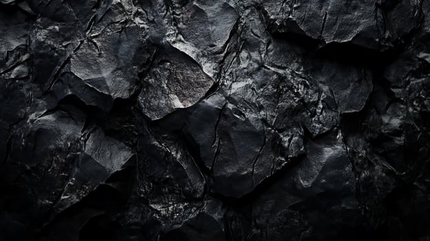 Textured background of black rock formations, shadows and dramatic light. Rugged, abstract nature and geological concept. photo