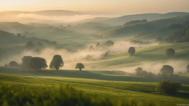 Serenity of misty hills in the early morning light capturing the beauty of nature's landscape photo