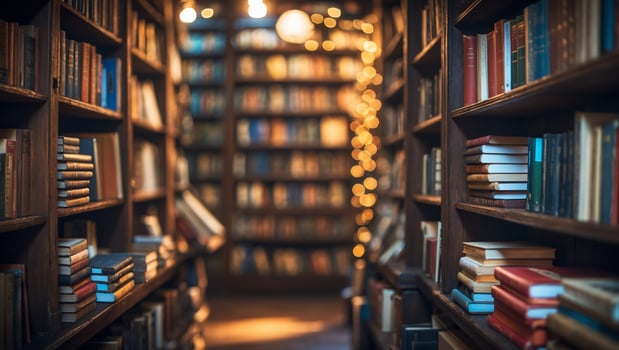 Cozy bookshop lined with shelves of books and warm lights creates an inviting reading atmosphere photo