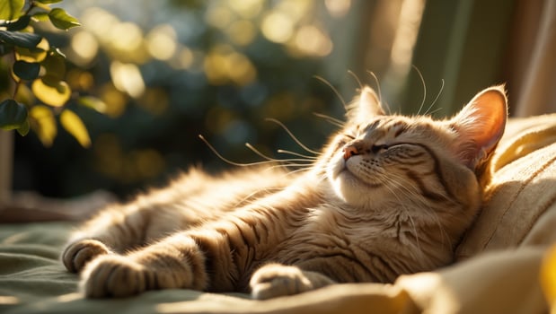 Cat relaxing in sunlit room with soft pillows and warm atmosphere photo