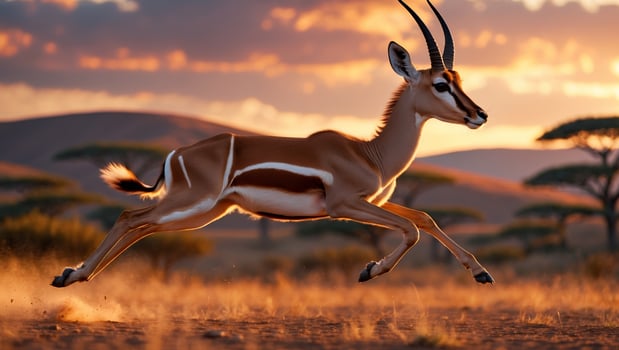Antelope gracefully leaps across a savanna at sunset with dramatic clouds and distant trees photo