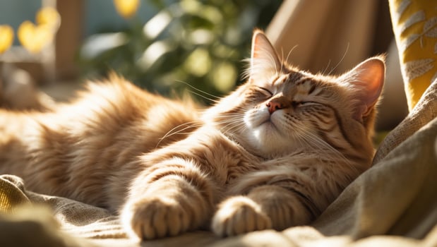 Relaxing orange tabby cat basking in sunlight on a cozy couch during a warm afternoon photo