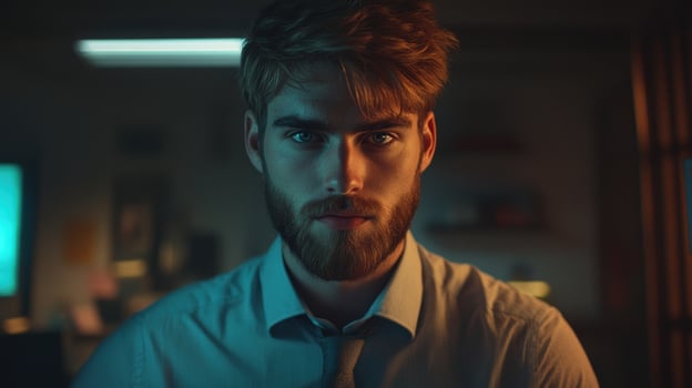 Young man with a beard focused on work in a dimly lit office environment at night photo