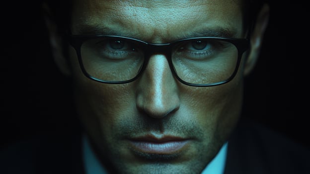Serious man with glasses gazes intensely in low light setting photo