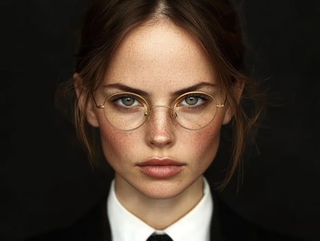 Portrait of a young woman wearing glasses in formal attire with a serious expression against a dark background photo