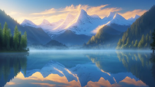 Majestic mountains reflect in serene lake at dawn surrounded by lush forests photo