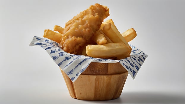Extreme closeup of fish and chips in a wooden bowl with decorative paper lining photo