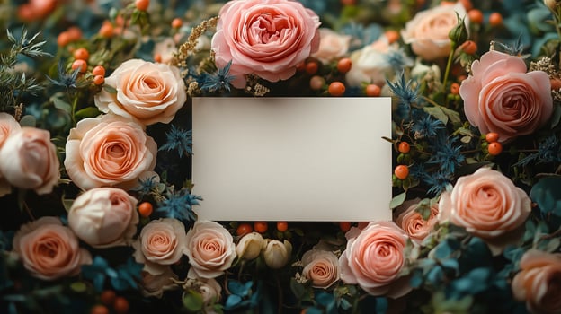 Blank card in a bouquet of pink roses photo