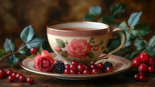 A cup and saucer with red roses and berries photo