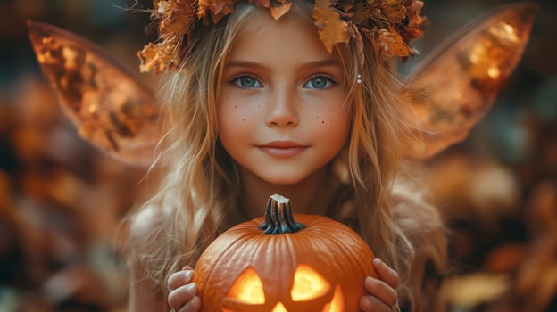 A little girl with halloween wings holding a pumpkin photo