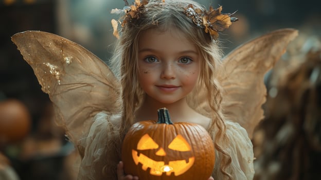 A little girl in a halloween costume holding a pumpkin photo