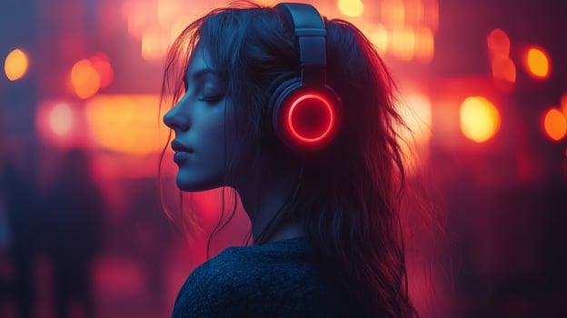 A woman wearing headphones in a dark city photo