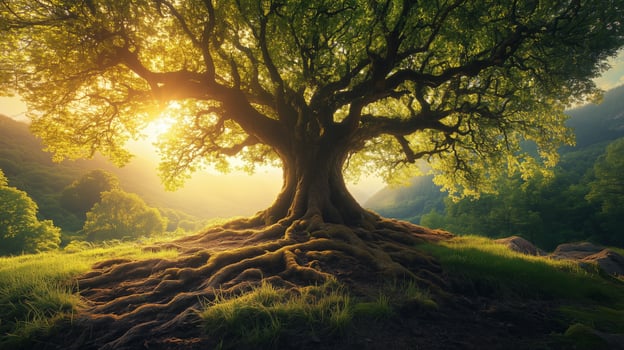 The tree is surrounded by green grass and trees photo