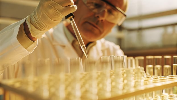 A focused elderly scientist conducts an experiment carefully pipetting liquid into test tubes encapsulating the handson exploration of CRISPR applications in regenerative medicine.. photo