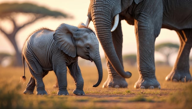 Mother and baby elephant in golden light during safari in the savannah photo