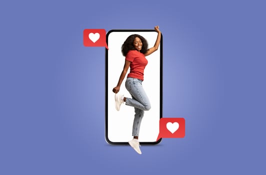 A joyful person interacts with their smartphone, receiving heart notifications. This lively collage emphasizes modern connections through messaging and dating applications. photo