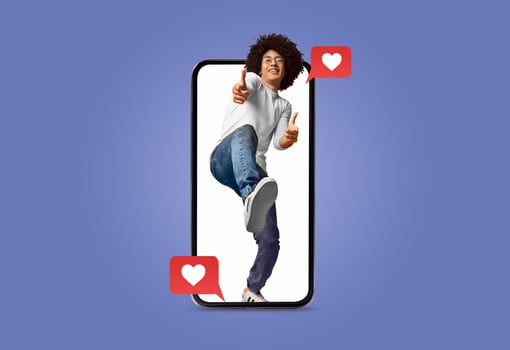 A person is enthusiastically interacting with a smartphone, showcasing messages of love and connection. This reflects the excitement of modern dating applications during Valentine's Day. photo