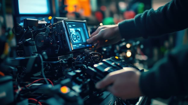 Closeup of a technicians hands as they secure a battery pack to the camera rig while intricate wiring from monitors and external lenses intertwines showcasing the complexity of th photo