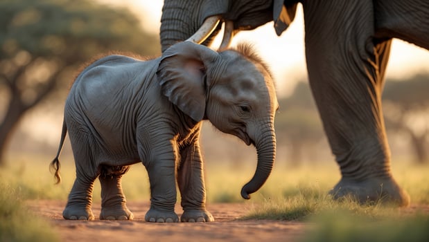 Baby elephant explores the savanna alongside its mother during golden hour in a natural habitat photo