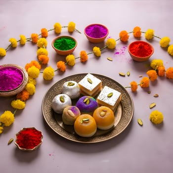 Holi celebration with Holi Special Sweets Holi party food background Holi food photo