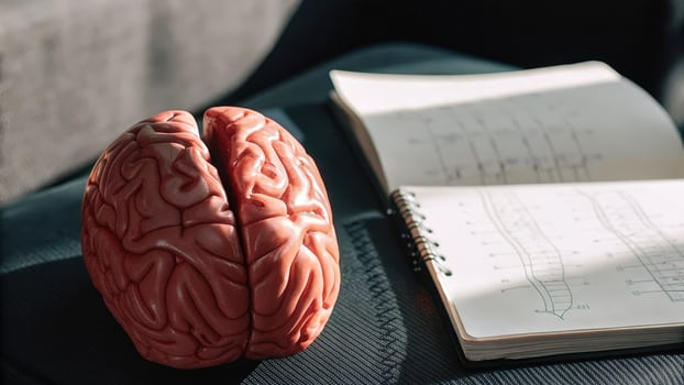 A closeup view of a brain model and a notebook filled with brainstorming ideas illustrating the intersection of neuroscience and microdosing as tools for improving cognitive. photo